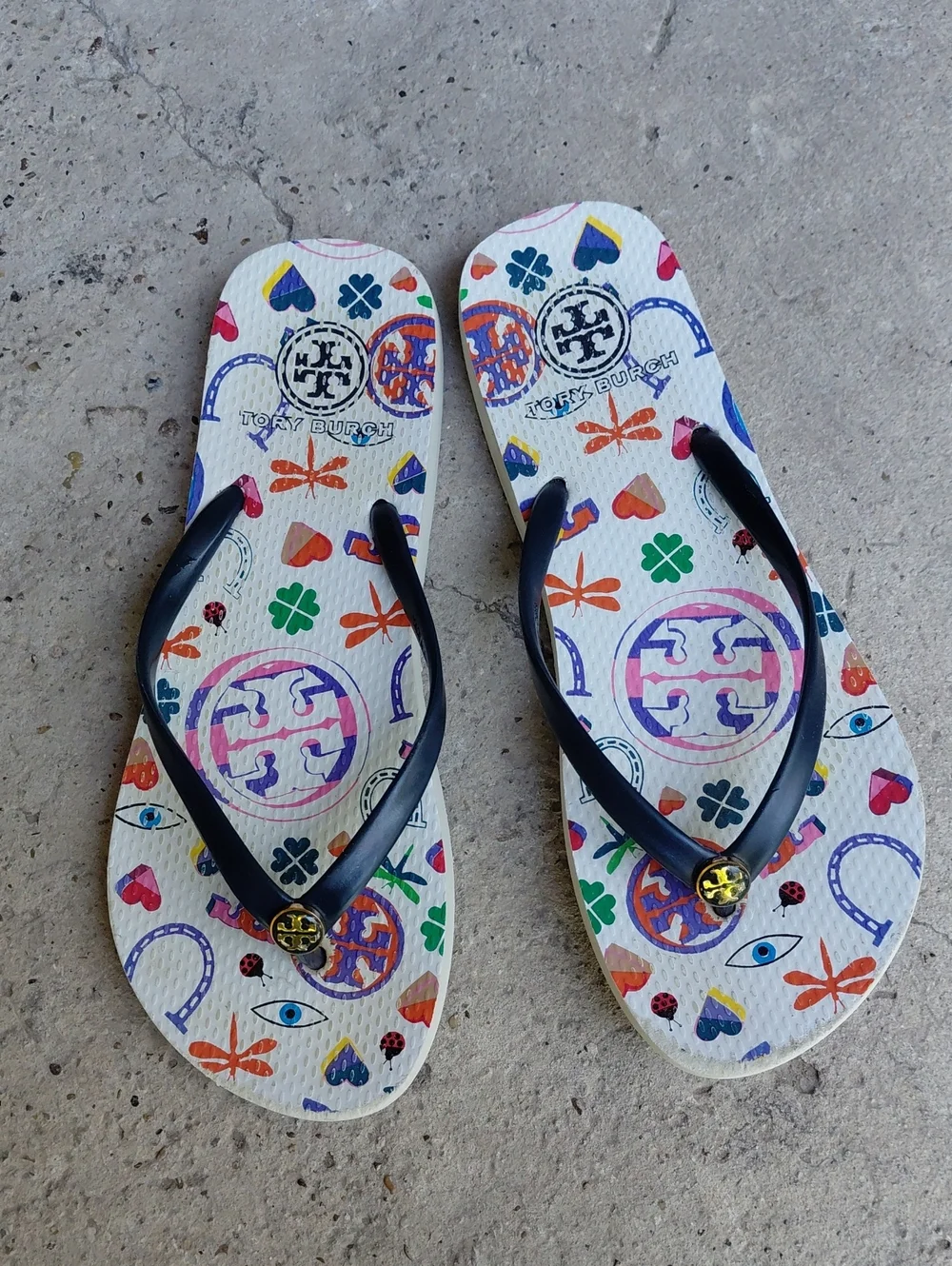 Tory Burch Multicolor Printed Logo Flip Flops with Black Straps